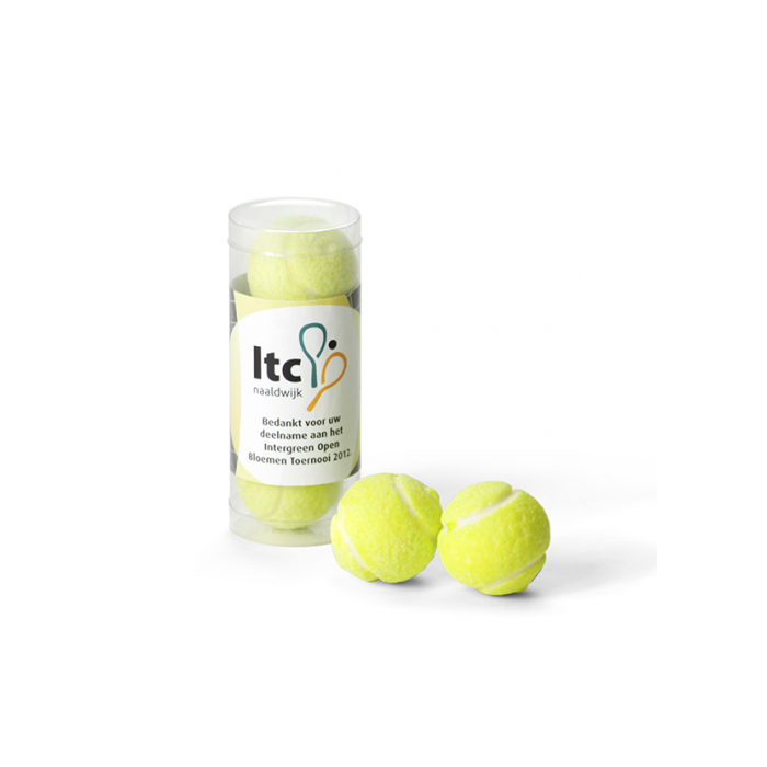 Koker met tennisballen kauwgom - eigen ontwerp label