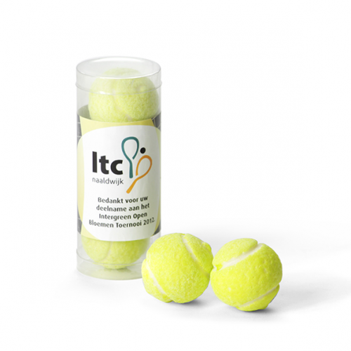 Koker met tennisballen kauwgom - eigen ontwerp label