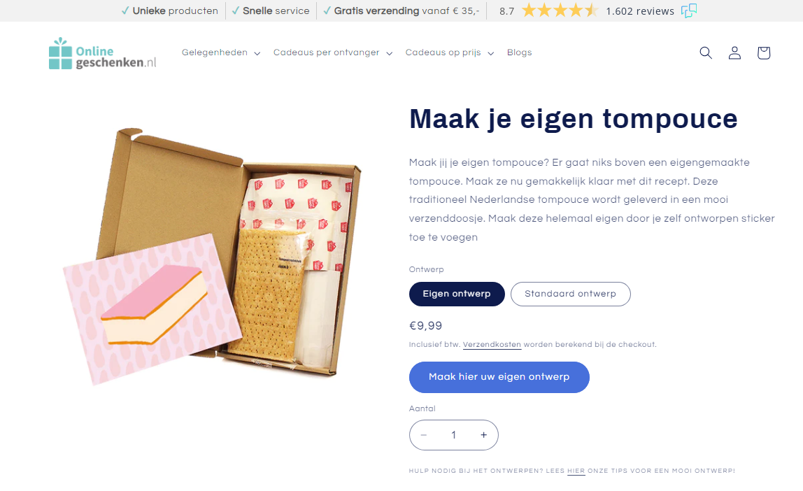 Maak je eigen tompouce op onlinegeschenken.nl